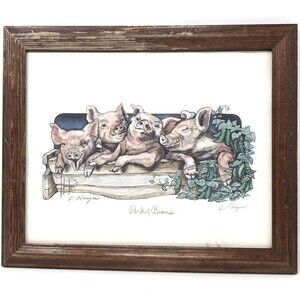Eileen Hayes Pigs Art Print Titled Pork and Beans VTG Signed FRAMED Countrycore